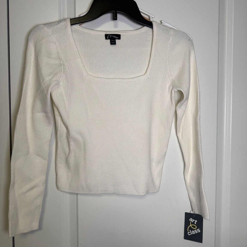 Art Class Girls White Ribbed Long Sleeve Square Neck Top Large 10/12 NWT